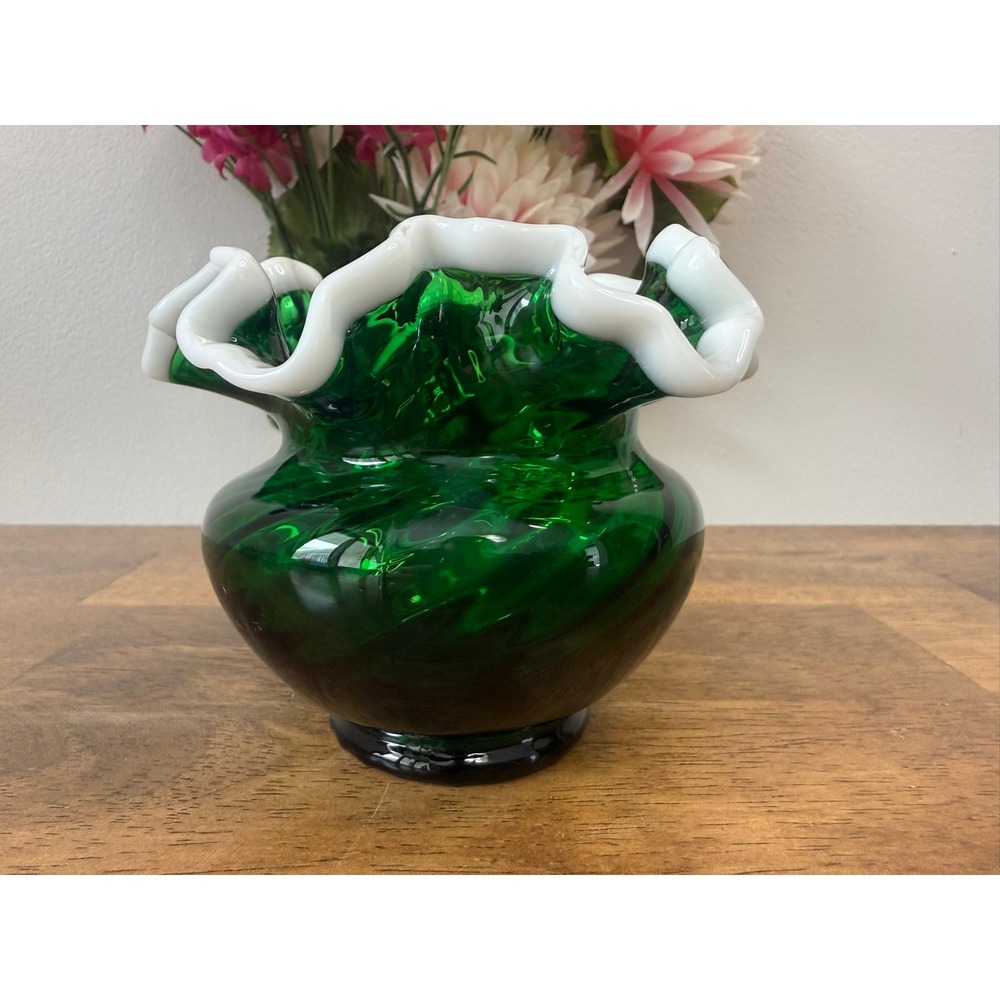 Vintage Emerald Green Cased Art Glass Vase White Ruffled Rim Murano Style MCM